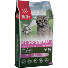 Сухой корм для взрослых кошек BLITZ HOLISTIC  низкозерновой с курицей и ягнёнком 32/14