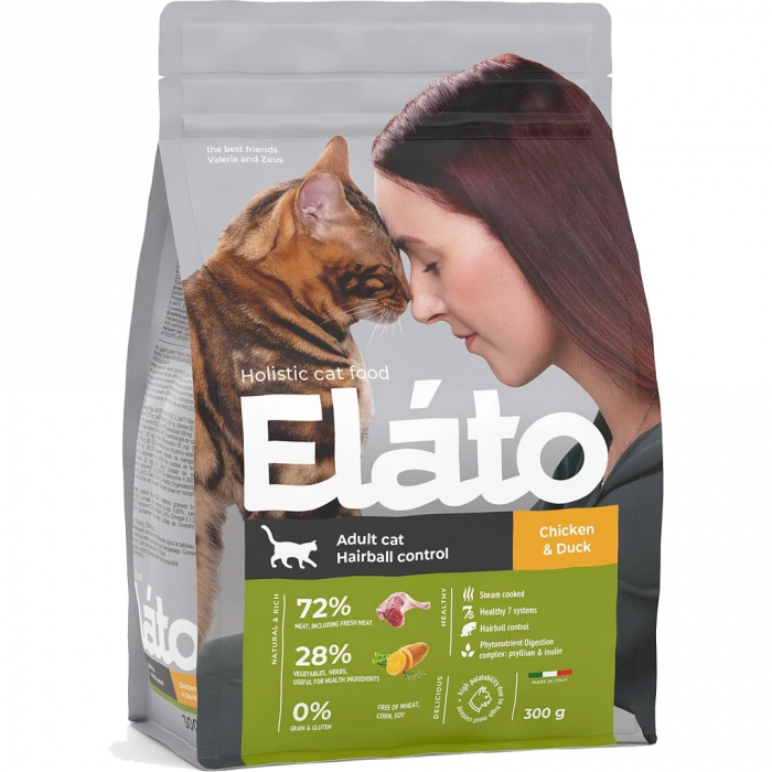 Сухой корм для кошек ELATO HAIRBALL CONTROL с курицей и уткой для выведения комочков шерсти 41/17