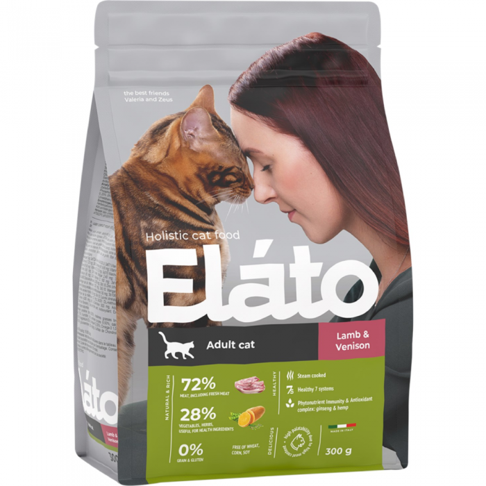 Сухой корм для взрослых кошек ELATO с ягнёнком и олениной беззерновой 39/17