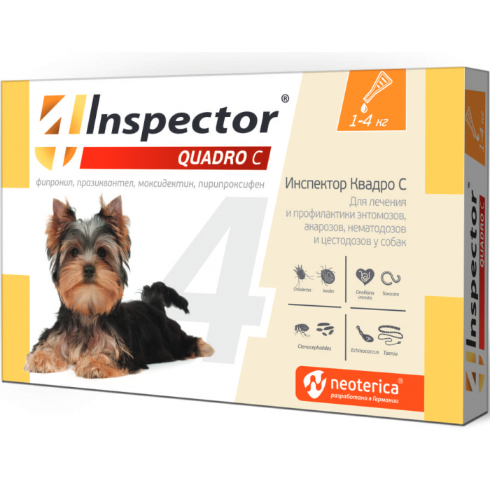 INSPECTOR QUADRO С капли от внешних и внутренних паразитов для собак 1-4кг 1пипетка