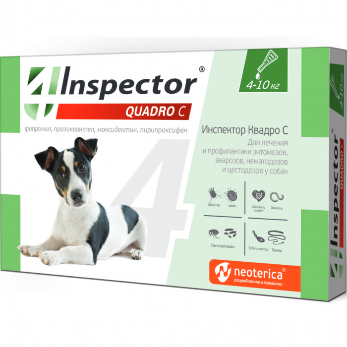 INSPECTOR QUADRO С капли от внешних и внутренних паразитов для собак 4-10кг 1пипетка